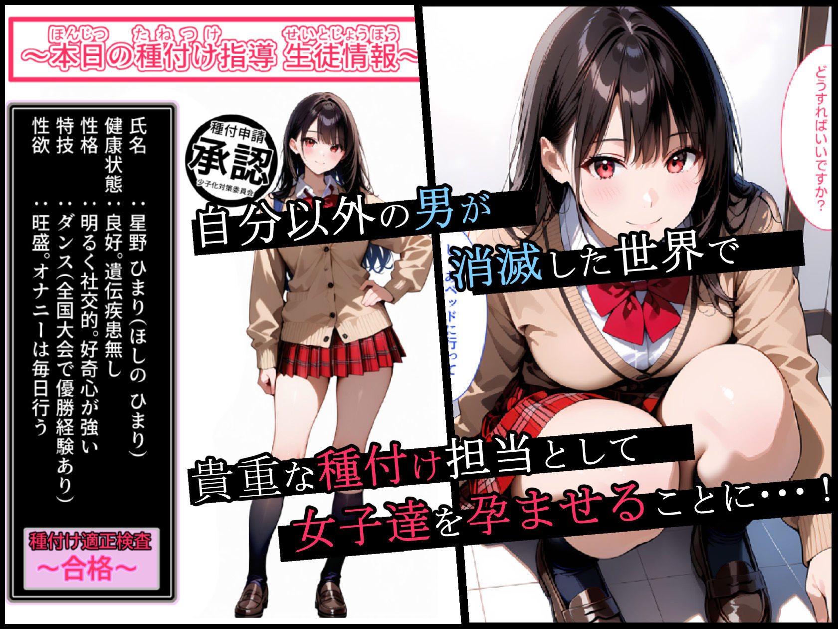 サンプル画像1:女子校生種付けミッション 男が消えた世界で女子校の種付け担当に励むことになった件(裏だろす) [d_543928]