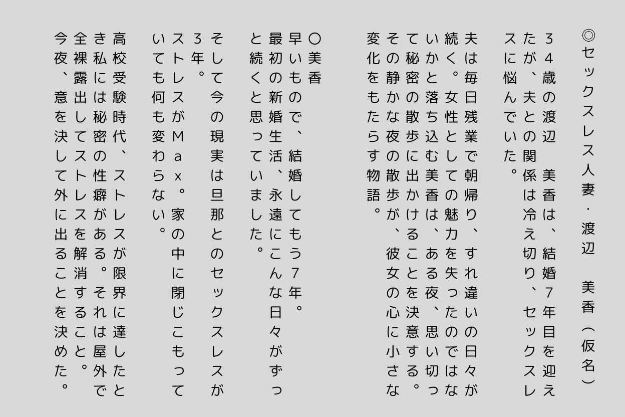 サンプル画像1:告白します！私の性癖、34歳主婦 全裸露出プレイ(妄想リアリティ工房) [d_546184]