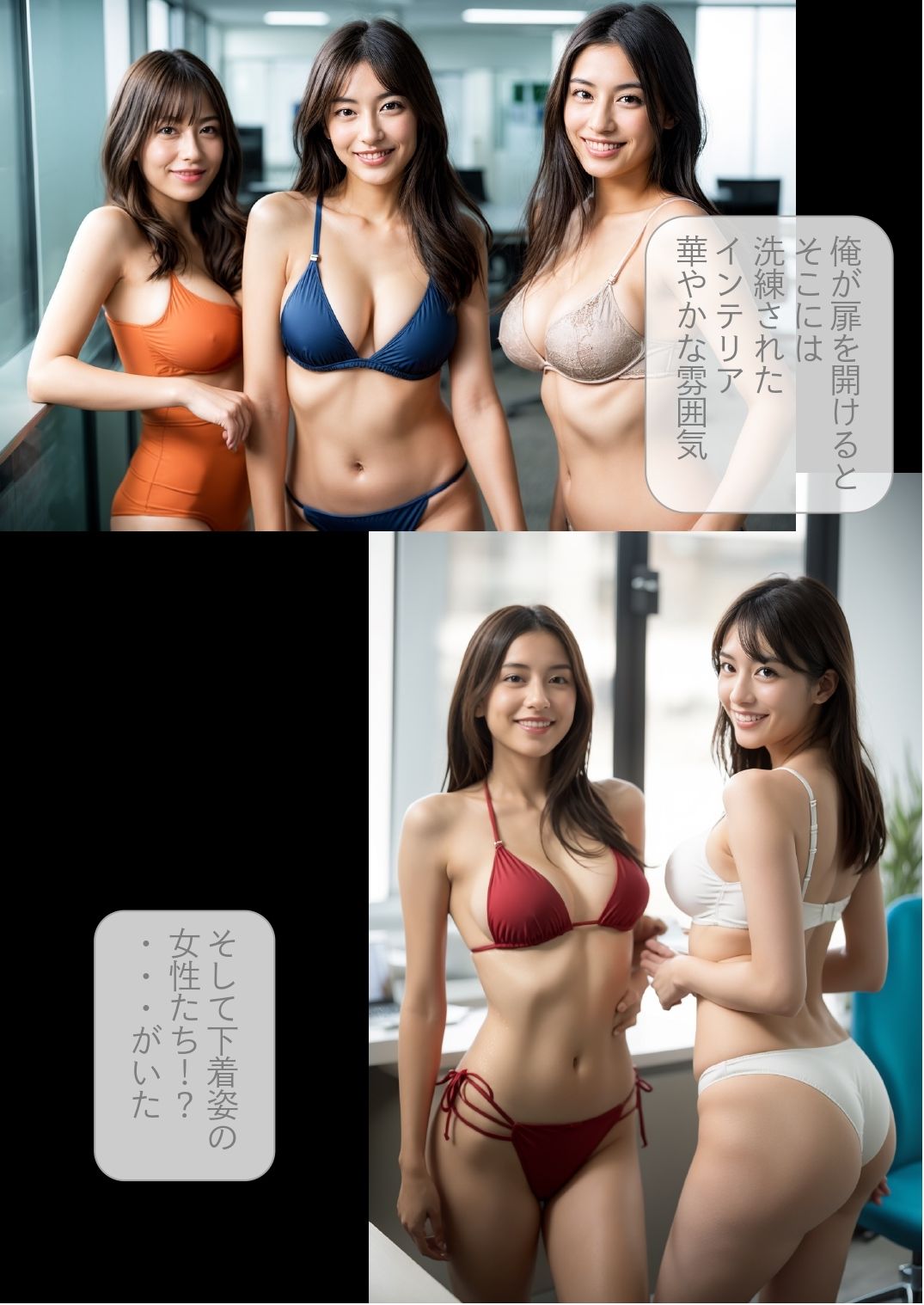 サンプル画像3:［ストーリー＋大量画像］配属先の下着開発部は、美人社員が下着姿で働いてるから勃起が止まらない！教育担当の美人先輩が毎日ヌイてくるから僕の金玉はいつもからっぽ(顔面最強美双子（AI2Twins）) [d_548298]