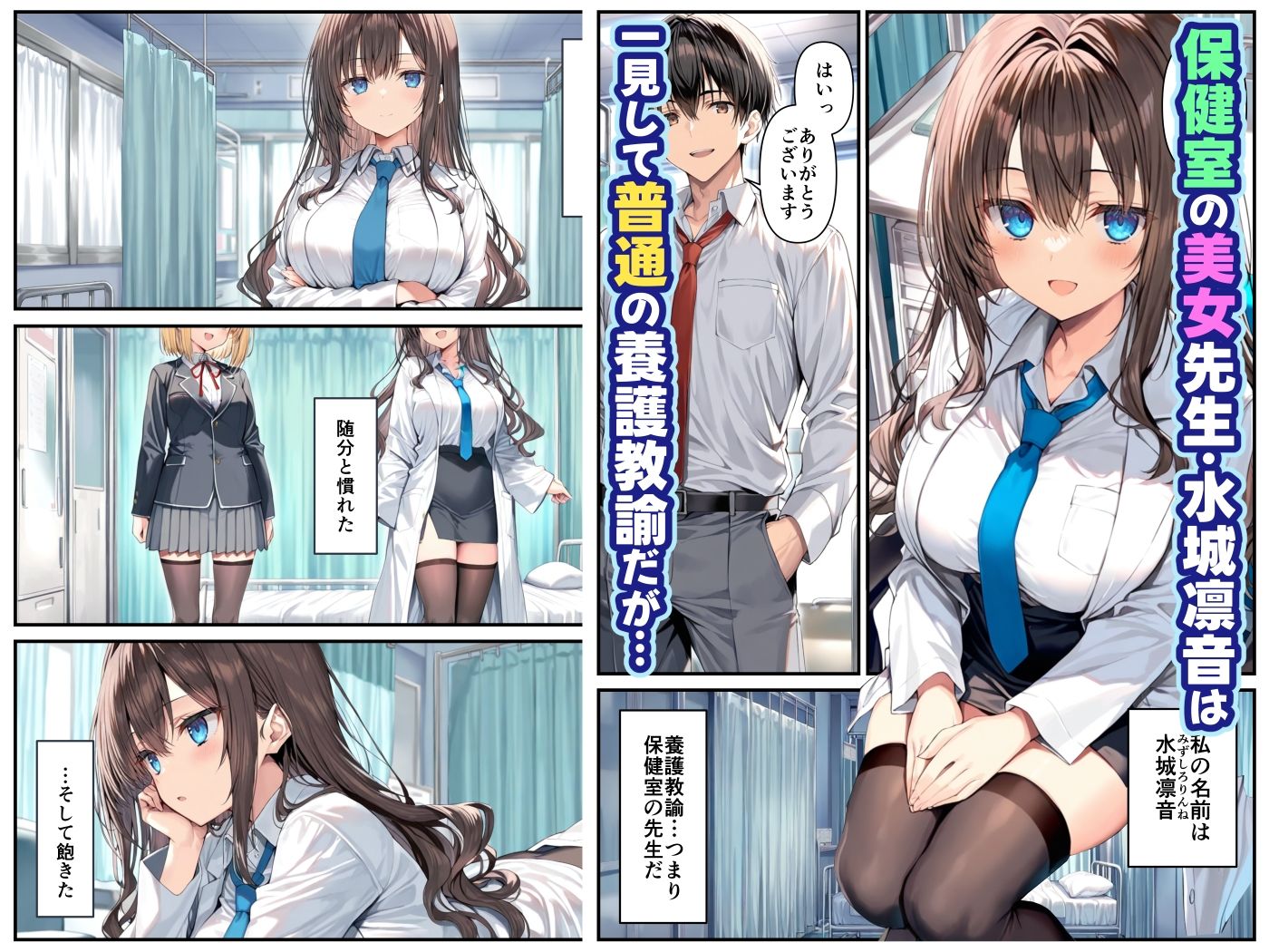 サンプル画像1:クールぶってるドスケベ保健室の先生が、男子生徒のデカチンポに敗北絶頂潮吹きする話。(乙娘屋（おとこや）) [d_597156]