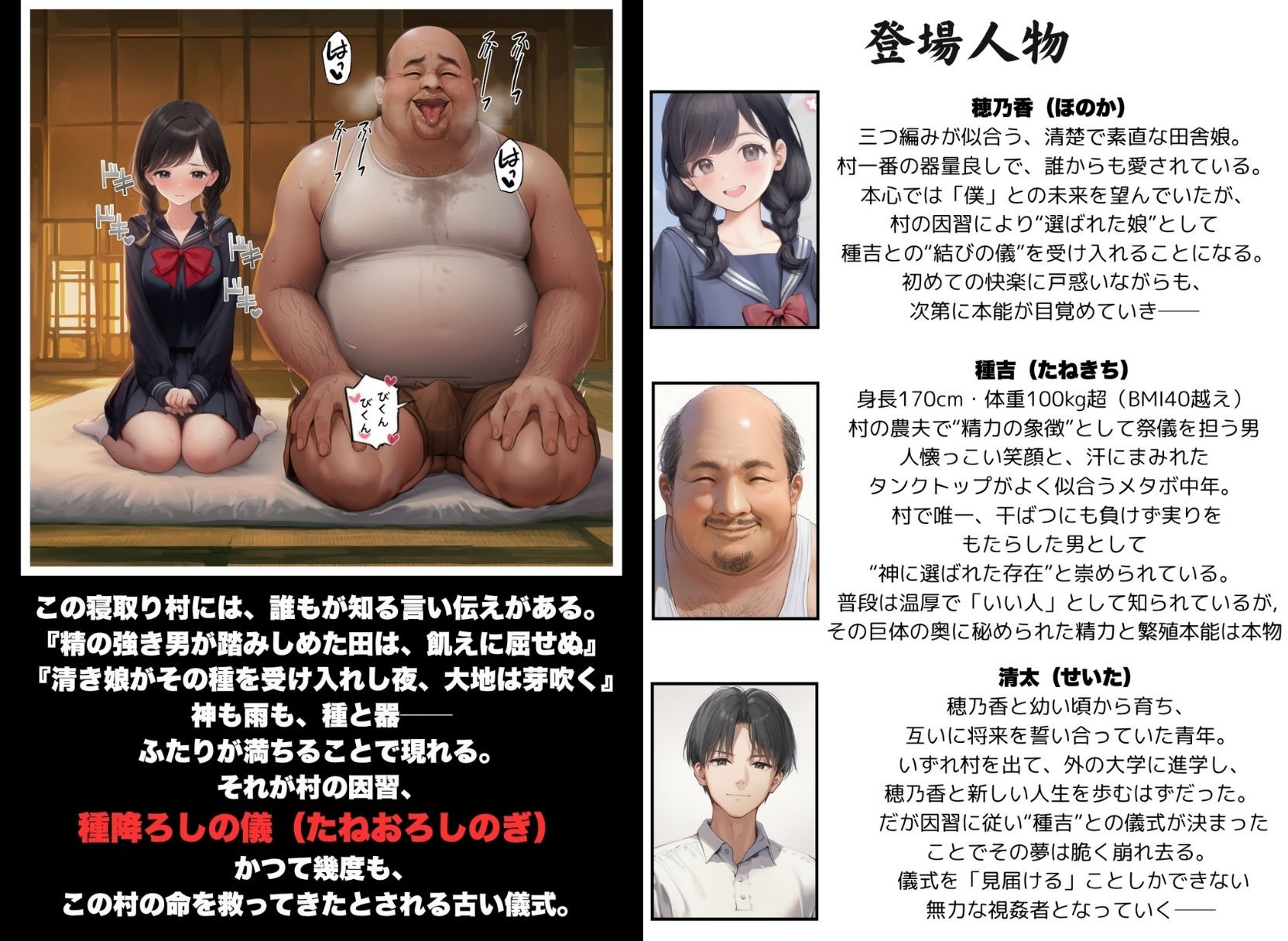 【エロ漫画】【因習村】村の飢饉を救うため差し出された僕の彼女、BMI40越えの性欲だけはいっちょ前の種付けおじさんに媚薬を飲まされ、おじさん特有のねちっこい前戯で全身べちょべちょに舐められた挙げ句、聖なる肉棒(チンカス付き)の掃除を実施!その後は遂に処女おまんこにゴールイン!入念かつ丹念にがん突きにされ、イキまくりんぐ!一晩中汗だくで連続絶頂アクメを決めさせられた話1