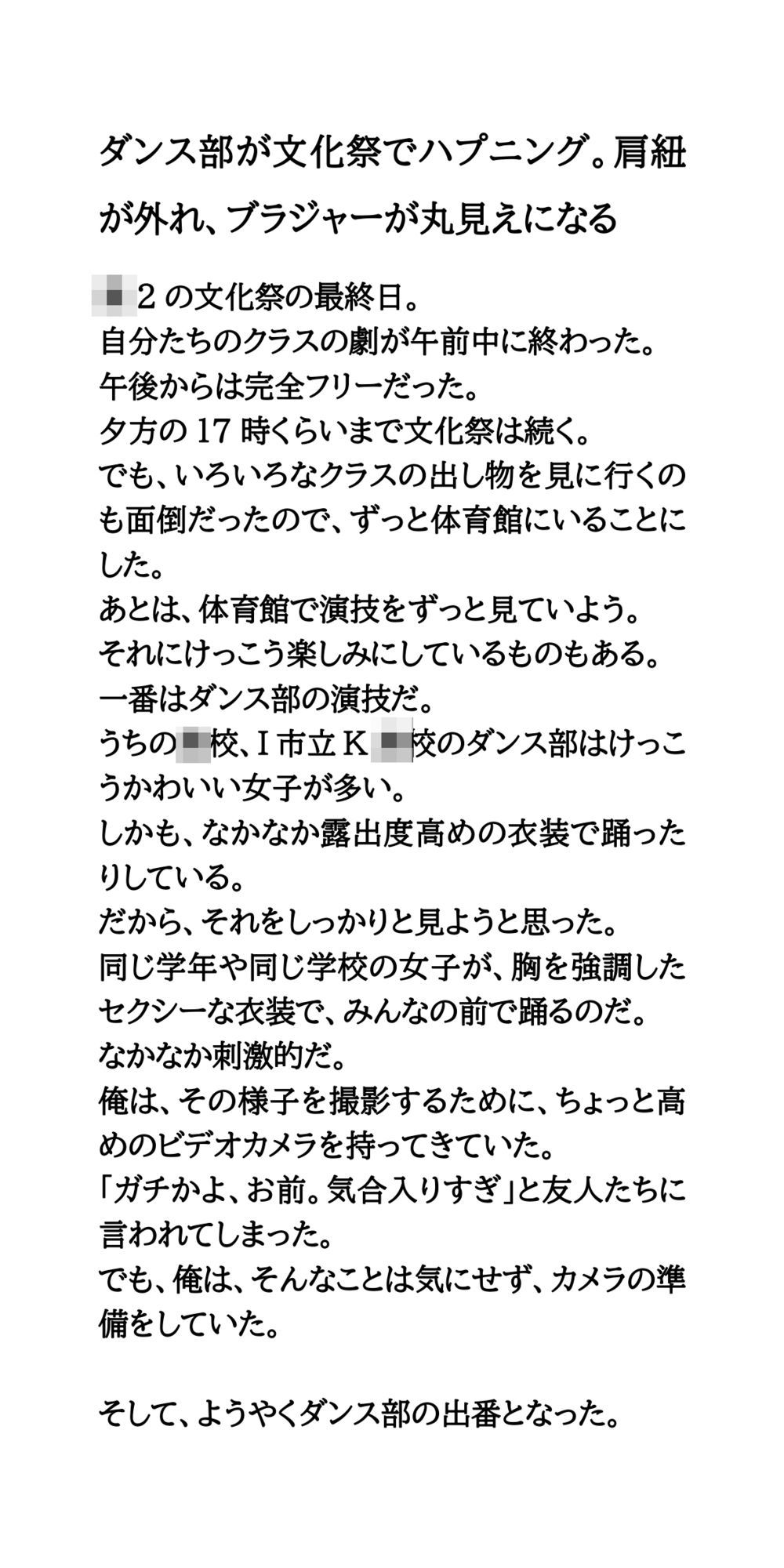 サンプル画像1:ダンス部が文化祭でハプニング。肩紐が外れ、ブラジャーが丸見えになる(CMNFリアリズム) [d_609698]