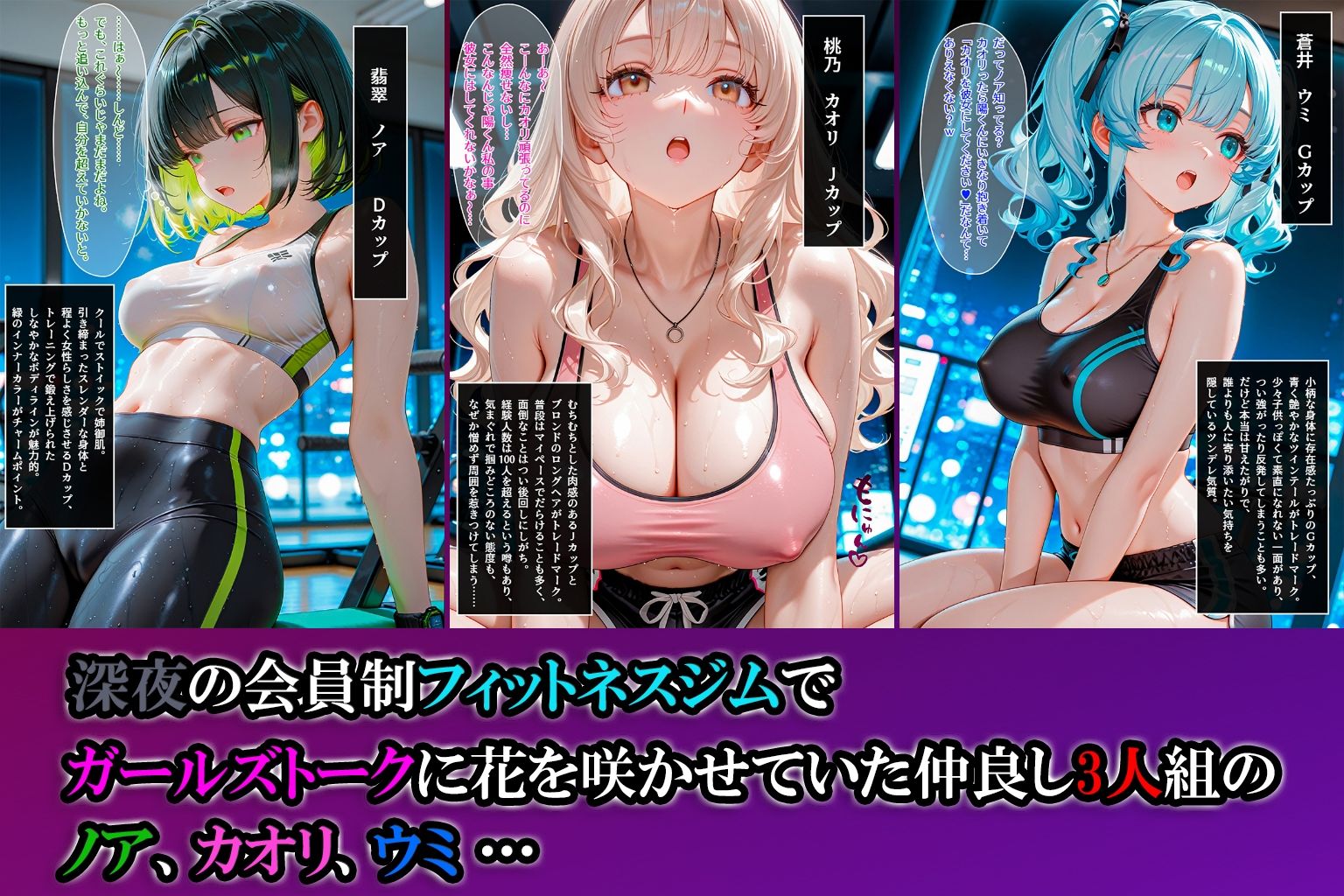 サンプル画像1:【フルカラーコミック♪】深夜のフィットネスジムでガールズトークしていたら…突如現れた男たちに媚薬漬けにされて止まらない快感エクササイズ強●参加！(えいあいどぉる) [d_654741]