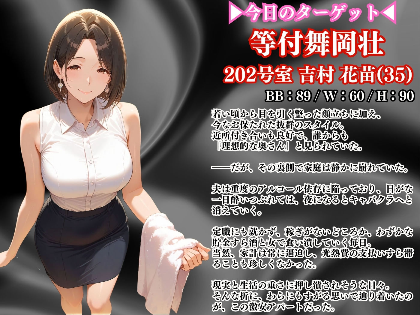 サンプル画像2:【4K高画質】人妻限定アパート 202号室 吉村花苗 〜大家のペットになった日編〜(ワーテルLab) [d_674399]