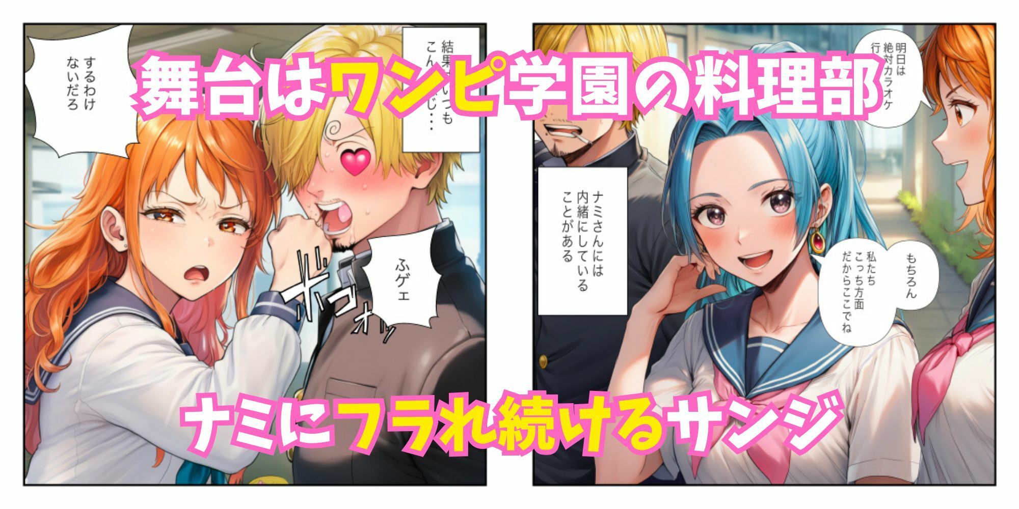 サンプル画像1:【ワンピ学園ハーレム】美女とサンジの制服えっち（ナミ・ボニー・ビビ）(すいか44) [d_678779]