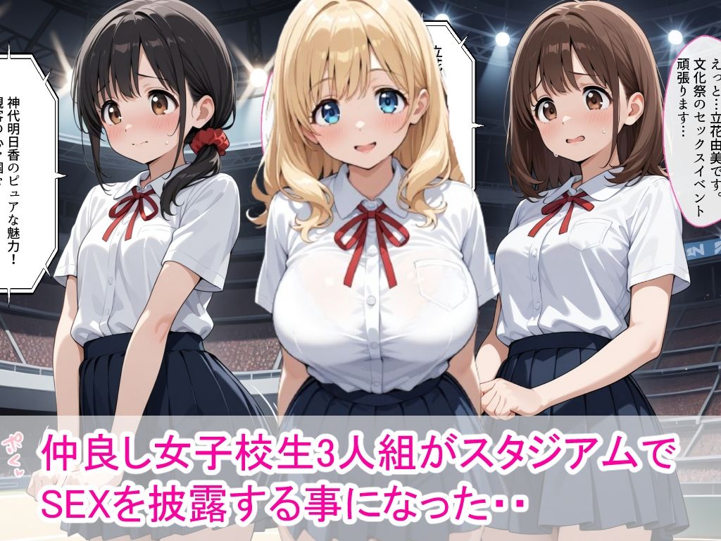 サンプル画像1:女子校生3人組が文化祭のスタジアムSEXイベントで中出しを披露した話(AIザッハトルテ) [d_683334]