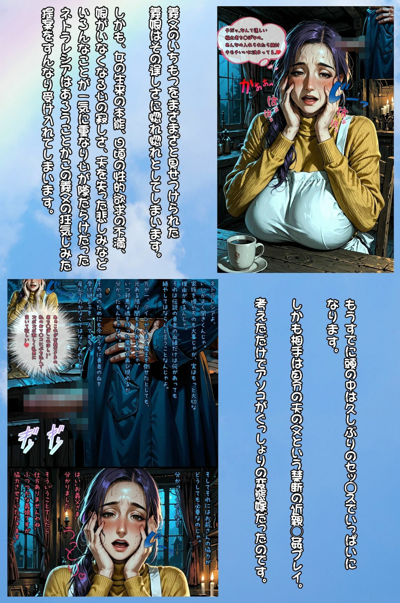 サンプル画像4:絶倫義父と寝取られ嫁 〜夫が魔王を倒すために一人旅に出ている間に 伝説の勇者の血を絶やしてはいけないからという理由で嫁が毎日義父に種付けされていたお話〜(AI Life 2.0) [d_691640]