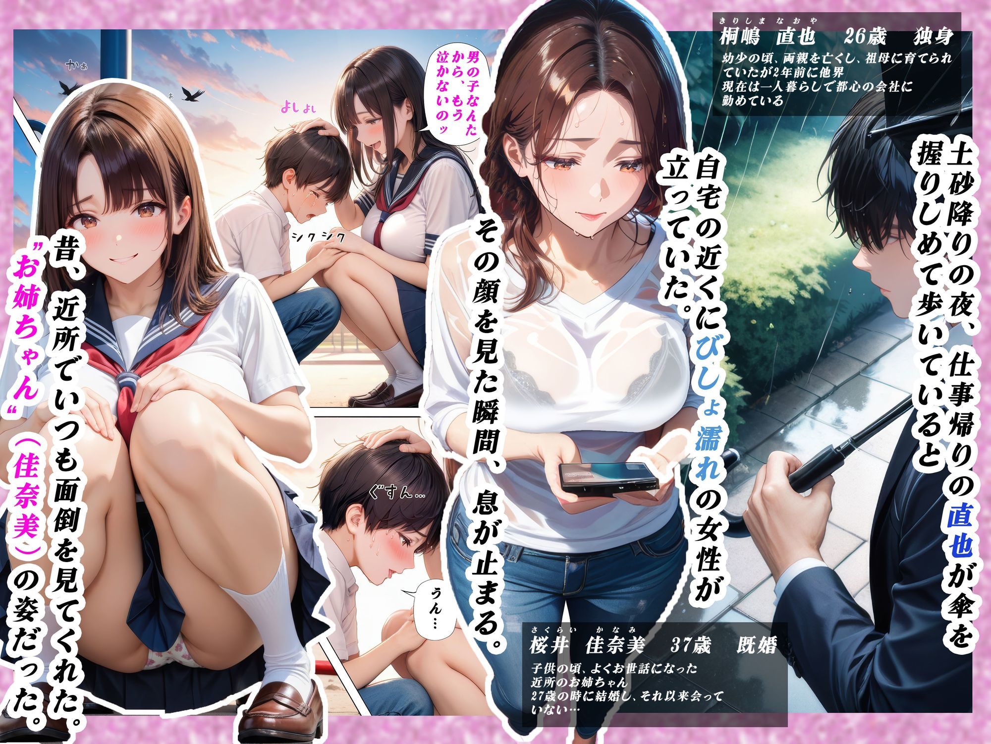 サンプル画像1:子○の頃よく遊んでくれた幼馴染みのお姉ちゃんと雨の中偶然再会 -外でも家の中でもびしょ濡れだった件-(PacificOcean) [d_700938]