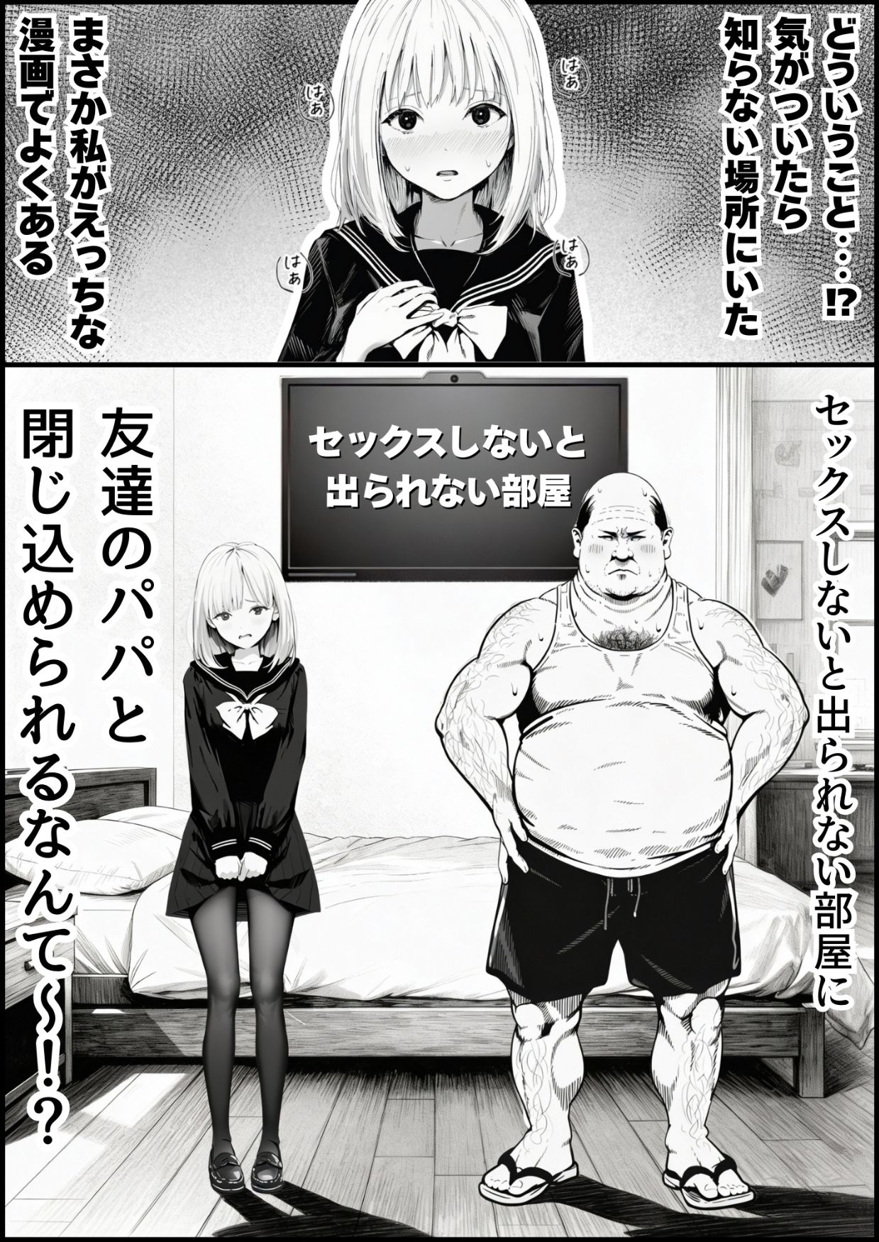 サンプル画像1:セックスしないと出られない部屋に親友のパパと閉じ込められたんですけど〜！？(竿役が種付けおじさんじゃないとヌケないんだが・・・) [d_708189]