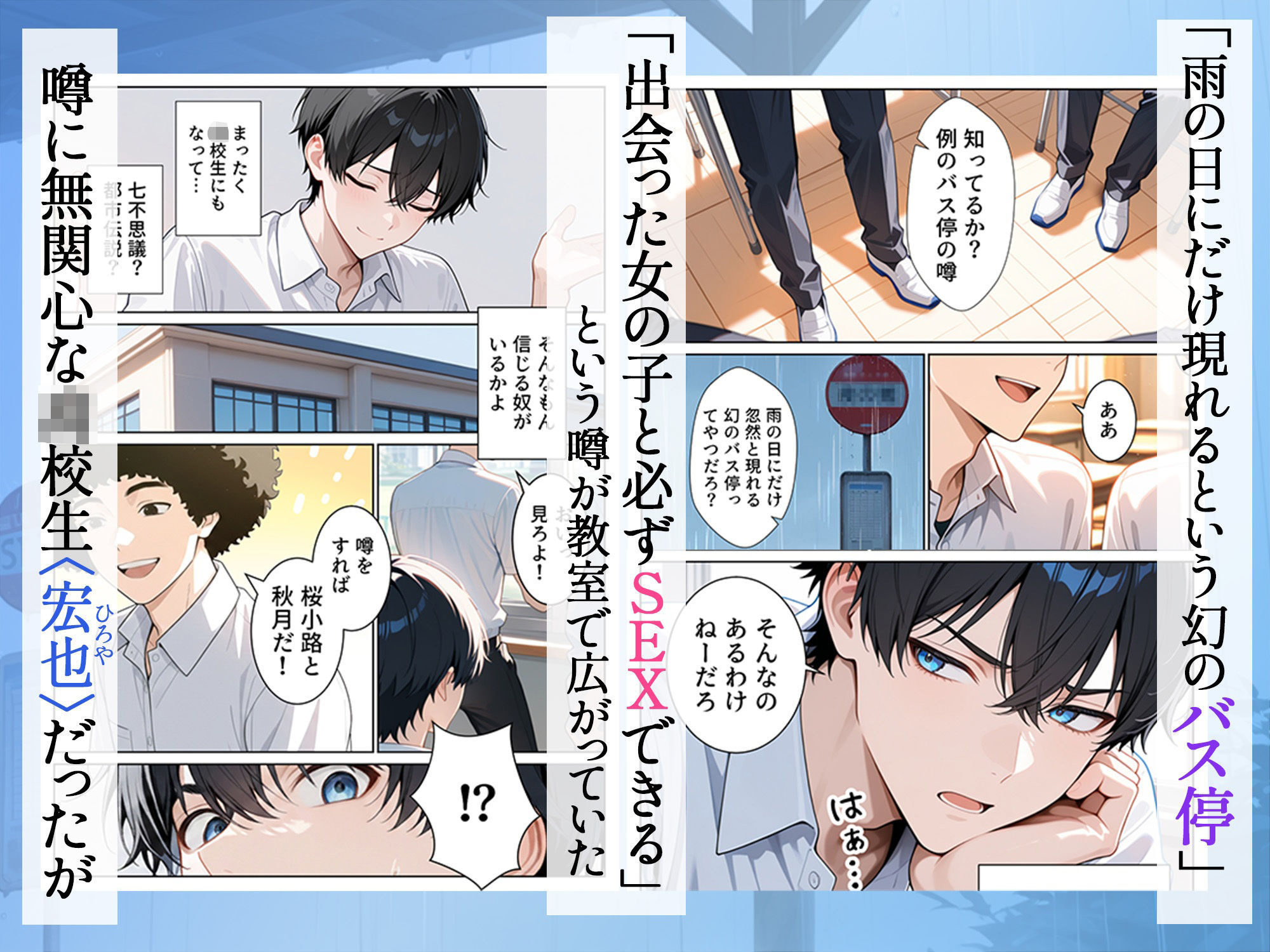 【エロ漫画】雨宿りのバス停で学園美女と濡れ透けSEXした話1