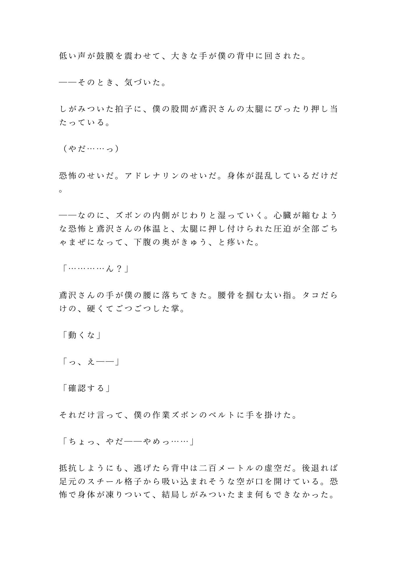 地上200mのゴンドラで高所恐怖症がバレた新人が逃げられないまま日焼け職人に四回中出しされた話 3枚目