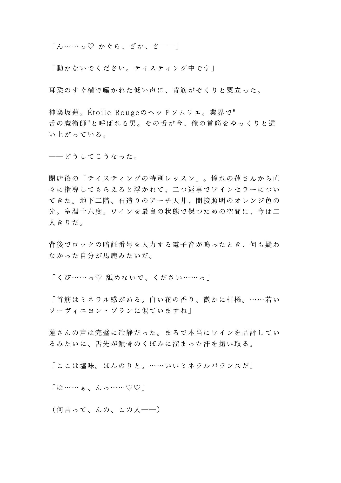 このワイン、お前の味がする ワインセラーでカリスマソムリエに全身をテイスティングされたカントボーイが味覚を快楽に書き換えられ五回中出しされる話 サンプル2
