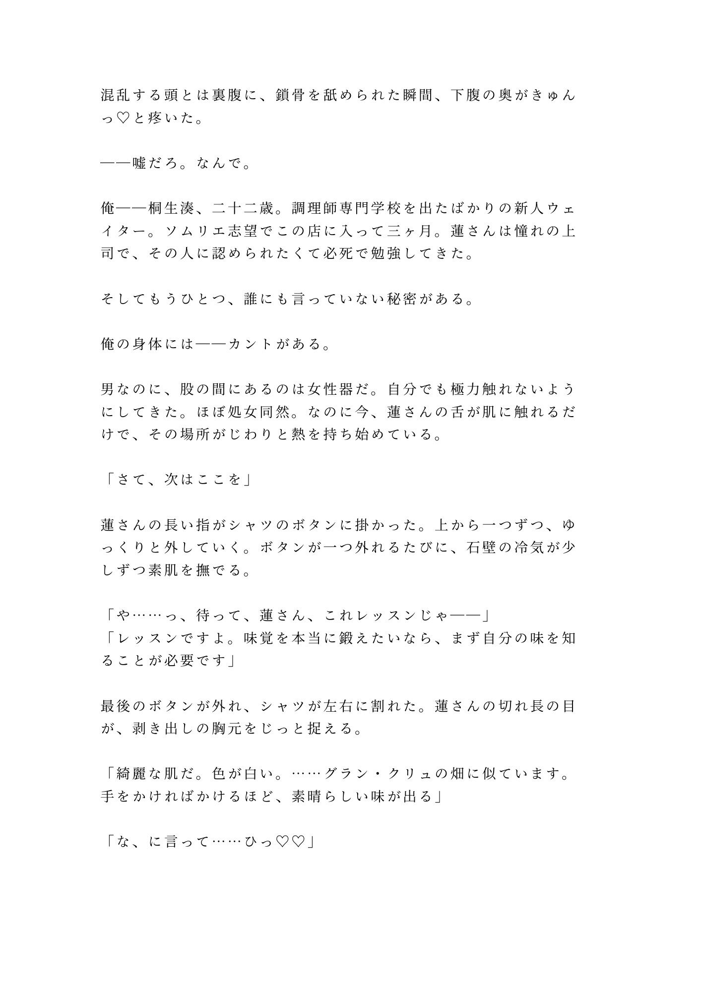 このワイン、お前の味がする ワインセラーでカリスマソムリエに全身をテイスティングされたカントボーイが味覚を快楽に書き換えられ五回中出しされる話 サンプル3