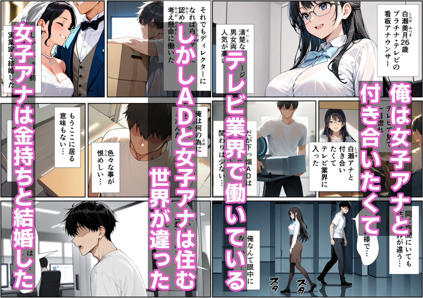 【無料エロ漫画】d_738693 局内トップ人妻女子アナが俺の上で腰振りハーレム 〜雑用ADが3人を楽チン肉便器化〜(人妻OL敗北劇場)