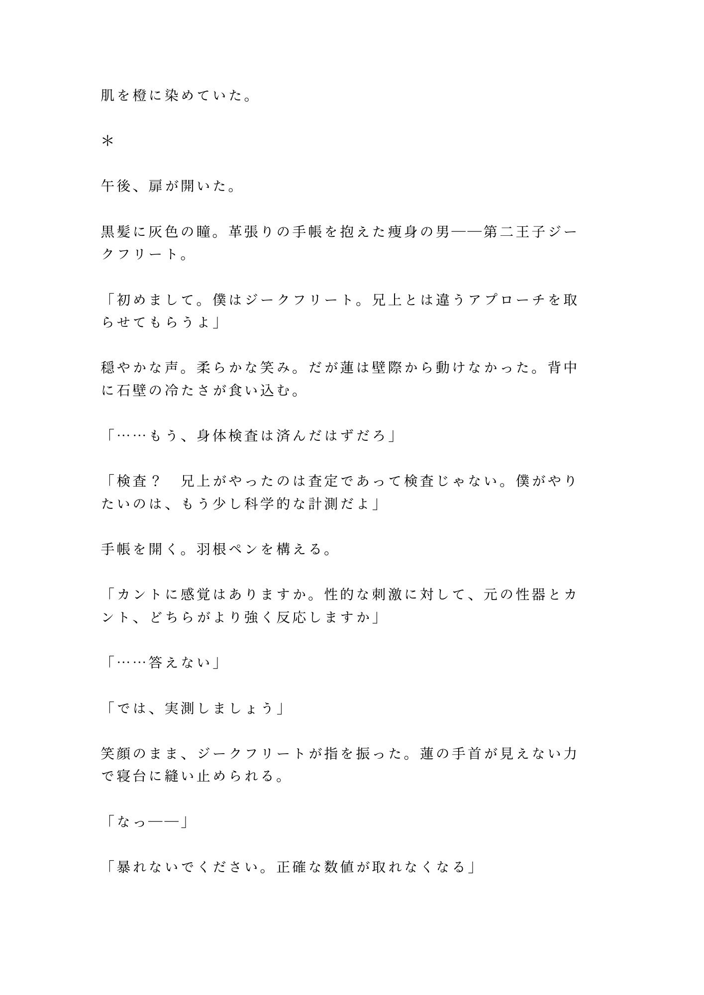 異世界転移した先がΩの存在しない世界で、唯一のΩカントとして王宮に幽閉され三人の王子に「お前の子宮は国家の財産だ」と奪い合われる話 サンプル4