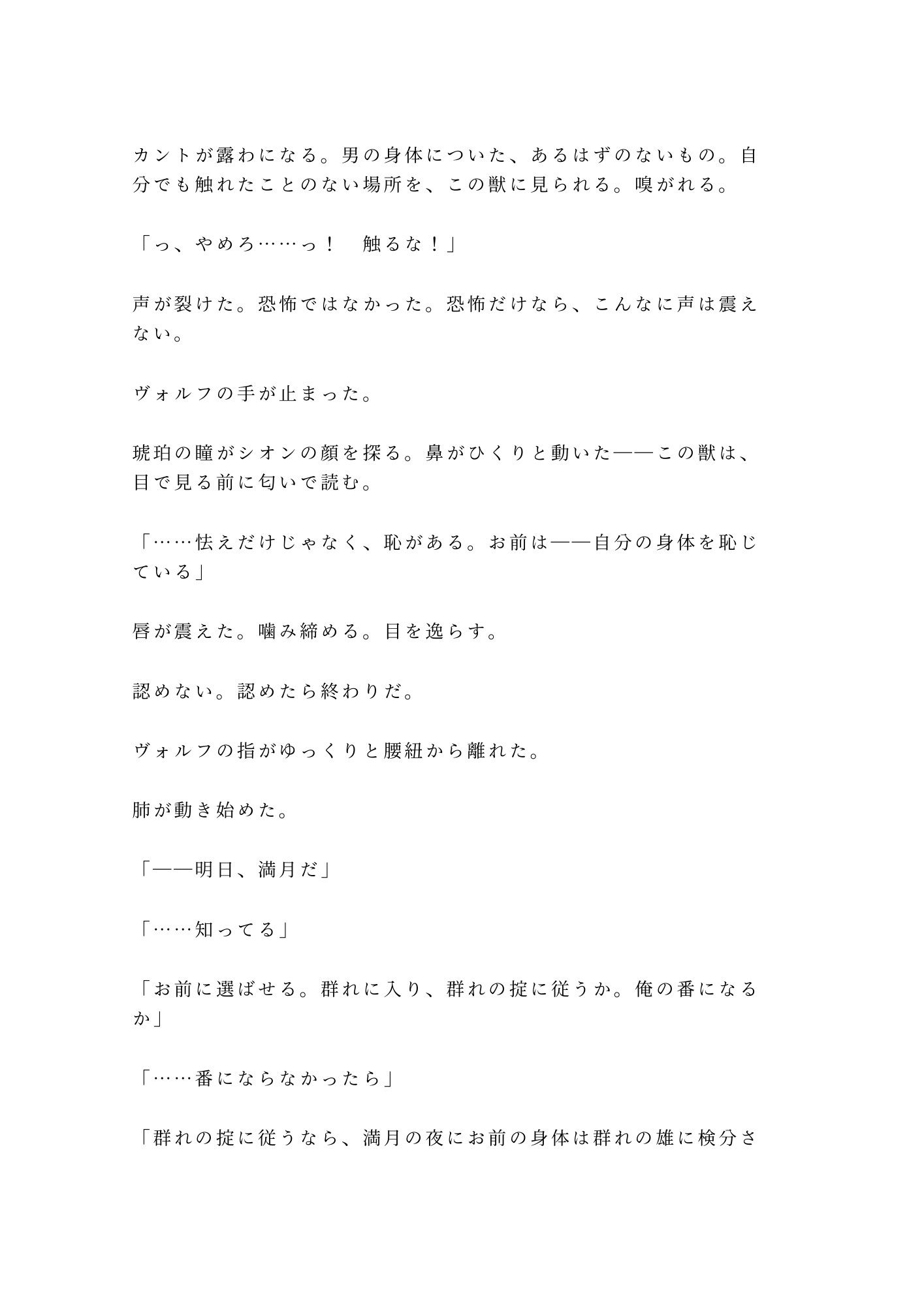 獣人の国に迷い込んだカントが狼のα族長に匂いで正体を見破られ「群れに入るか、俺の番になるか選べ」と満月の夜に迫られる話 画像9
