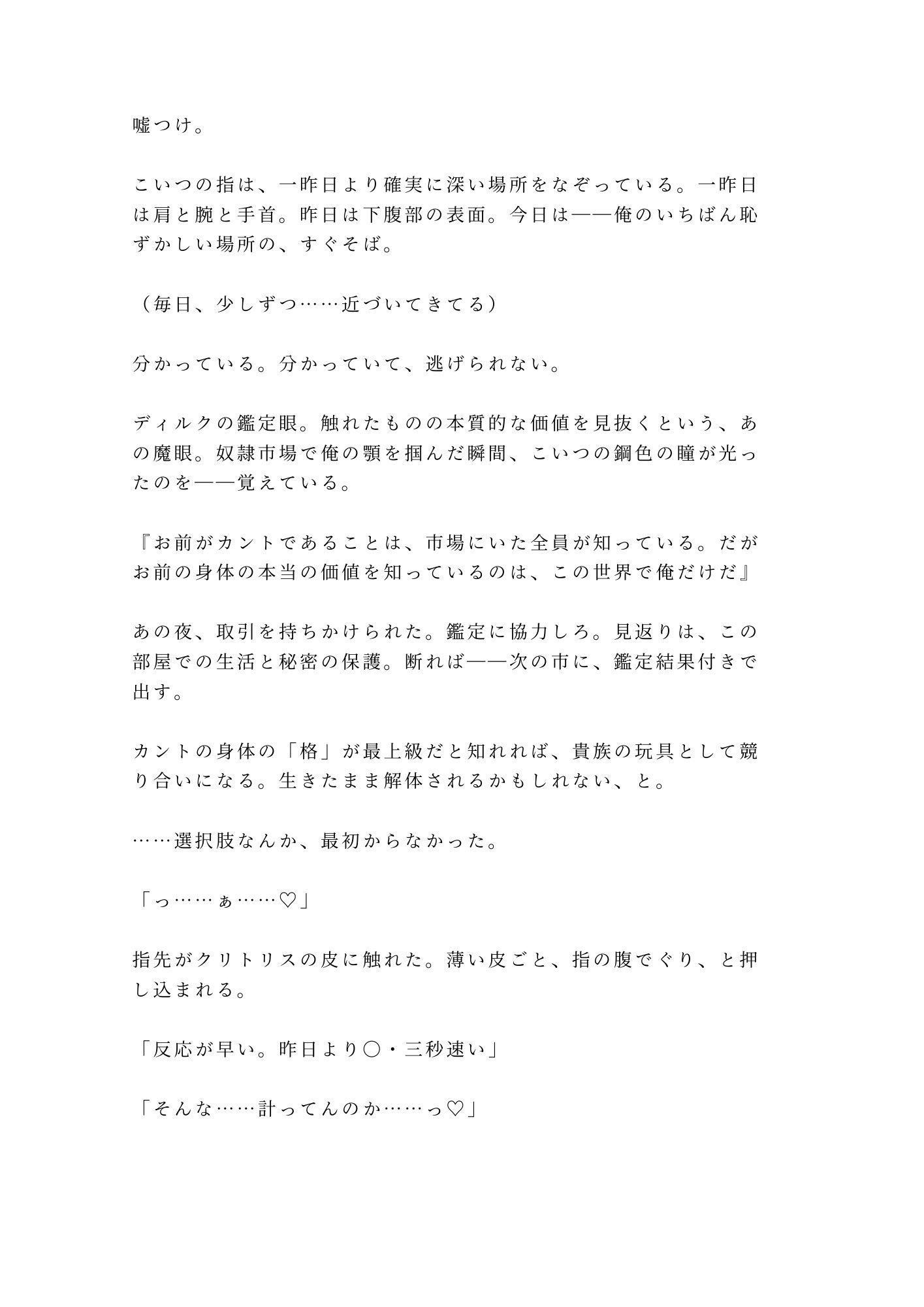 奴●市場で売れ残ったカントを買い取った辺境伯が「この身体の価値が分かるのは俺だけだ」と城の最上階に囲い込む話 画像3
