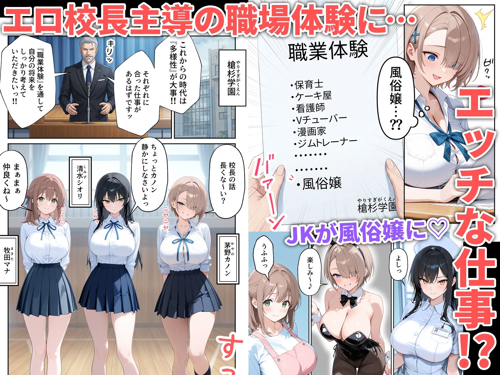 【エロ漫画】職場体験えっち 女子校生3人エッチな職場体験1