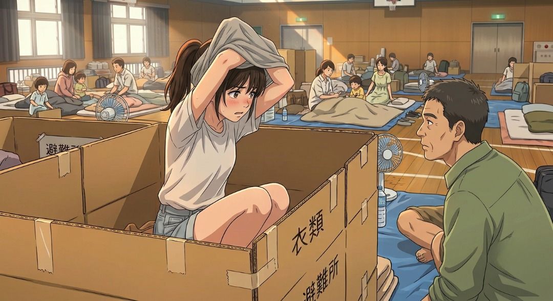 避難所で美少女たちを盗撮・セクハラするゲス中年男。簡易女風呂へ突入!全裸を見られた母娘の屈辱