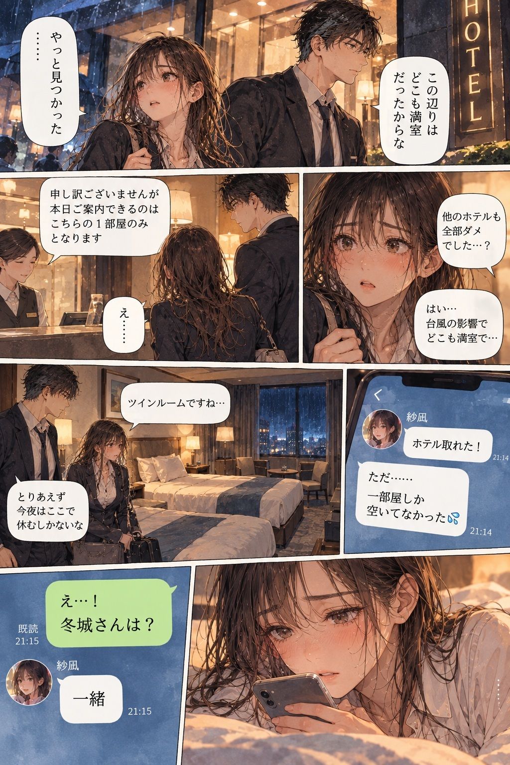 台風で帰れなくなった彼女が、会社の上司とホテルの同じ部屋に泊まることになった。 画像2