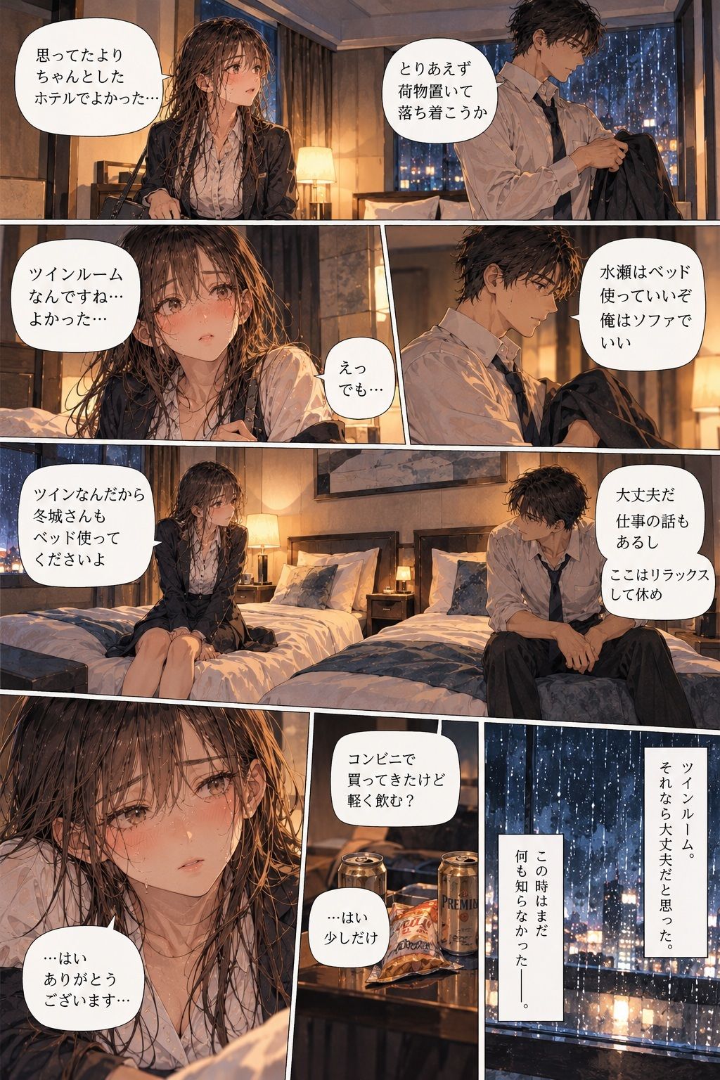 台風で帰れなくなった彼女が、会社の上司とホテルの同じ部屋に泊まることになった。 画像3