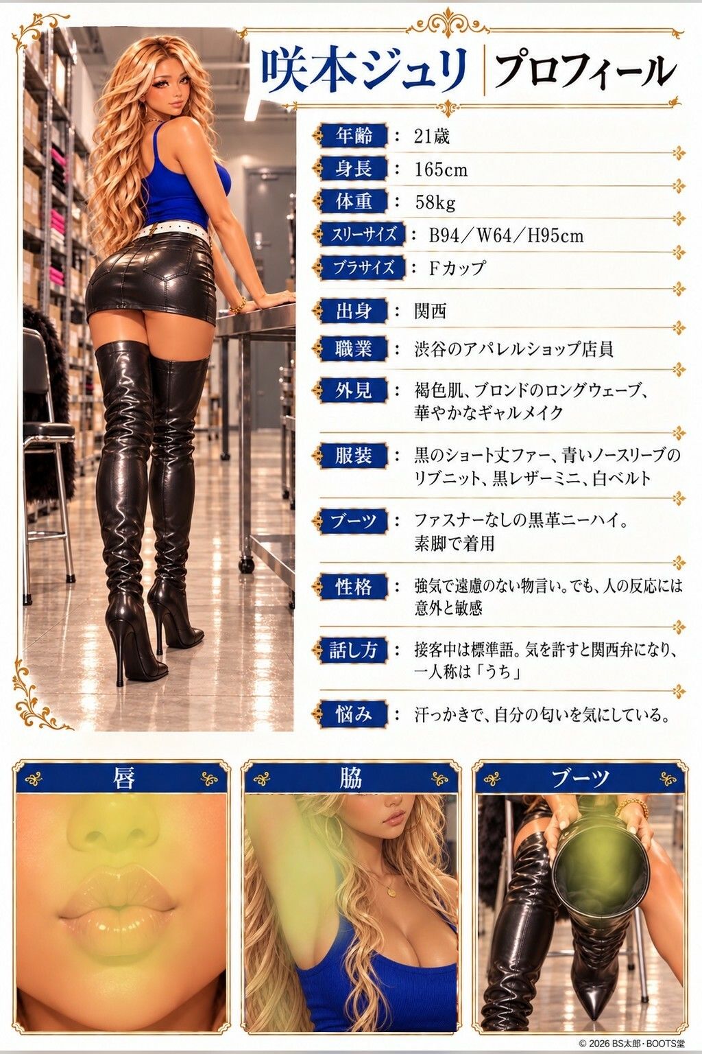ジュリ（はーと） ショップ店員の黒皮ニーハイブーツは濃厚な納豆臭！？ サンプル画像 1