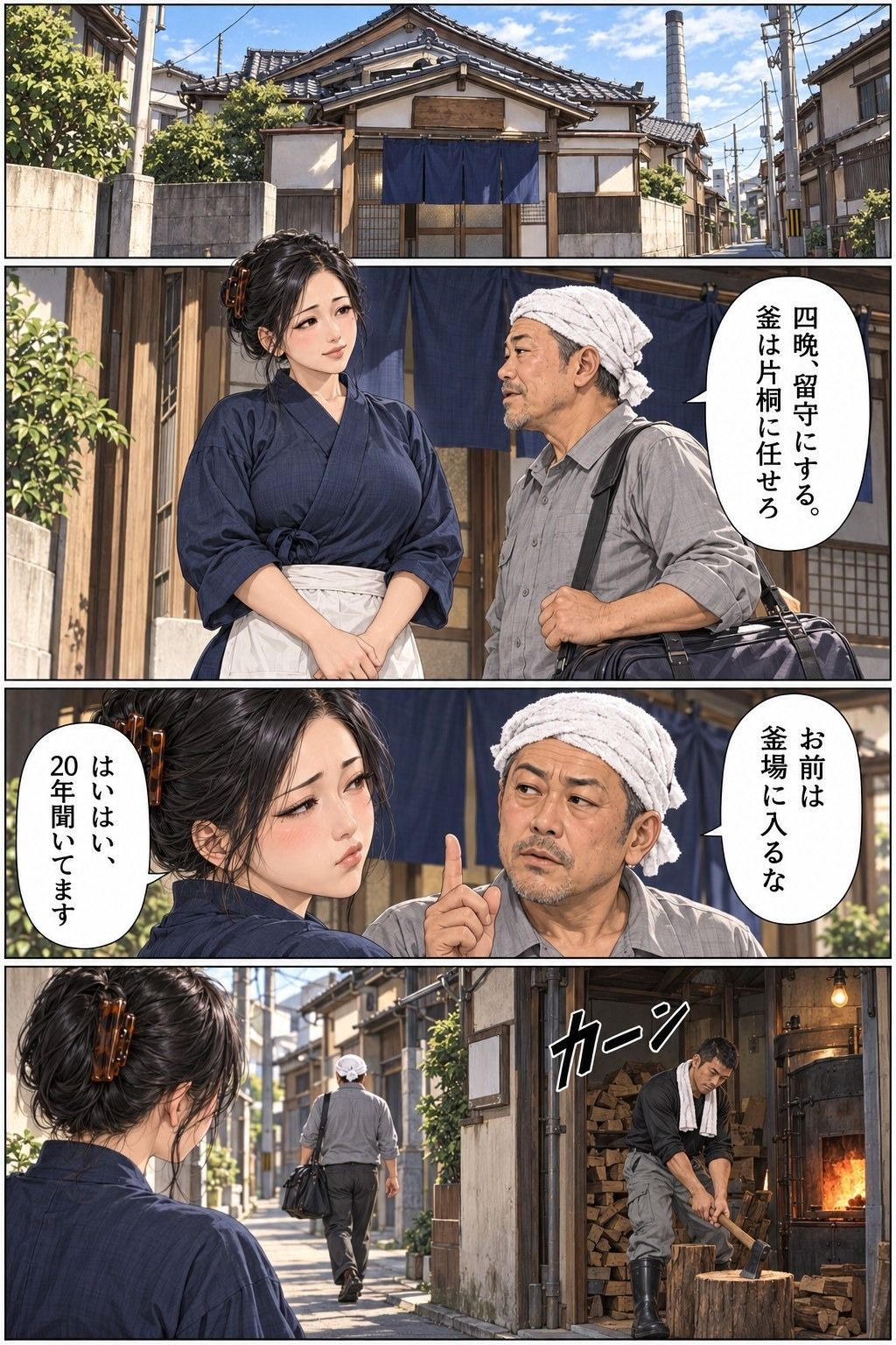 銭湯の住み込み四夜 第1話 閉店後の釜場で、41歳の人妻の女将が住み込みの釜焚きに抱かれる 画像1
