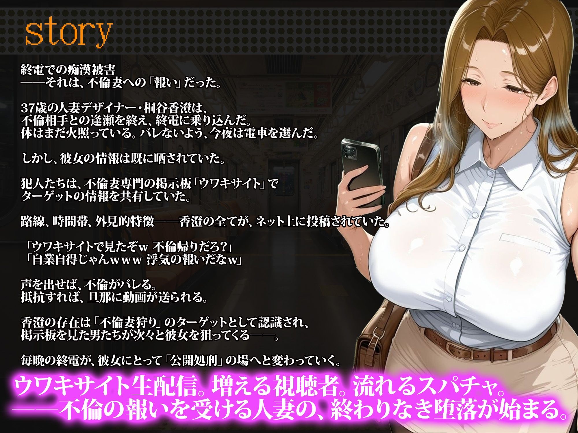 サンプル画像1:不倫牝親の終電痴● 〜不倫妻晒しサイト「ウワキサイト」に投稿された37歳人妻デザイナーが、終電で自業自得の報いを受ける〜(完堕ワイフ) [d_717721]