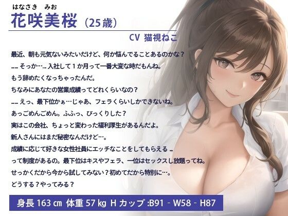 爆乳受付嬢「最下位かぁ...じゃあフェラだけね」営業成績が一位になると福利厚生で好きな女性社員と中出しができる会社【抱き枕推奨/ホワイト企業】 画像1