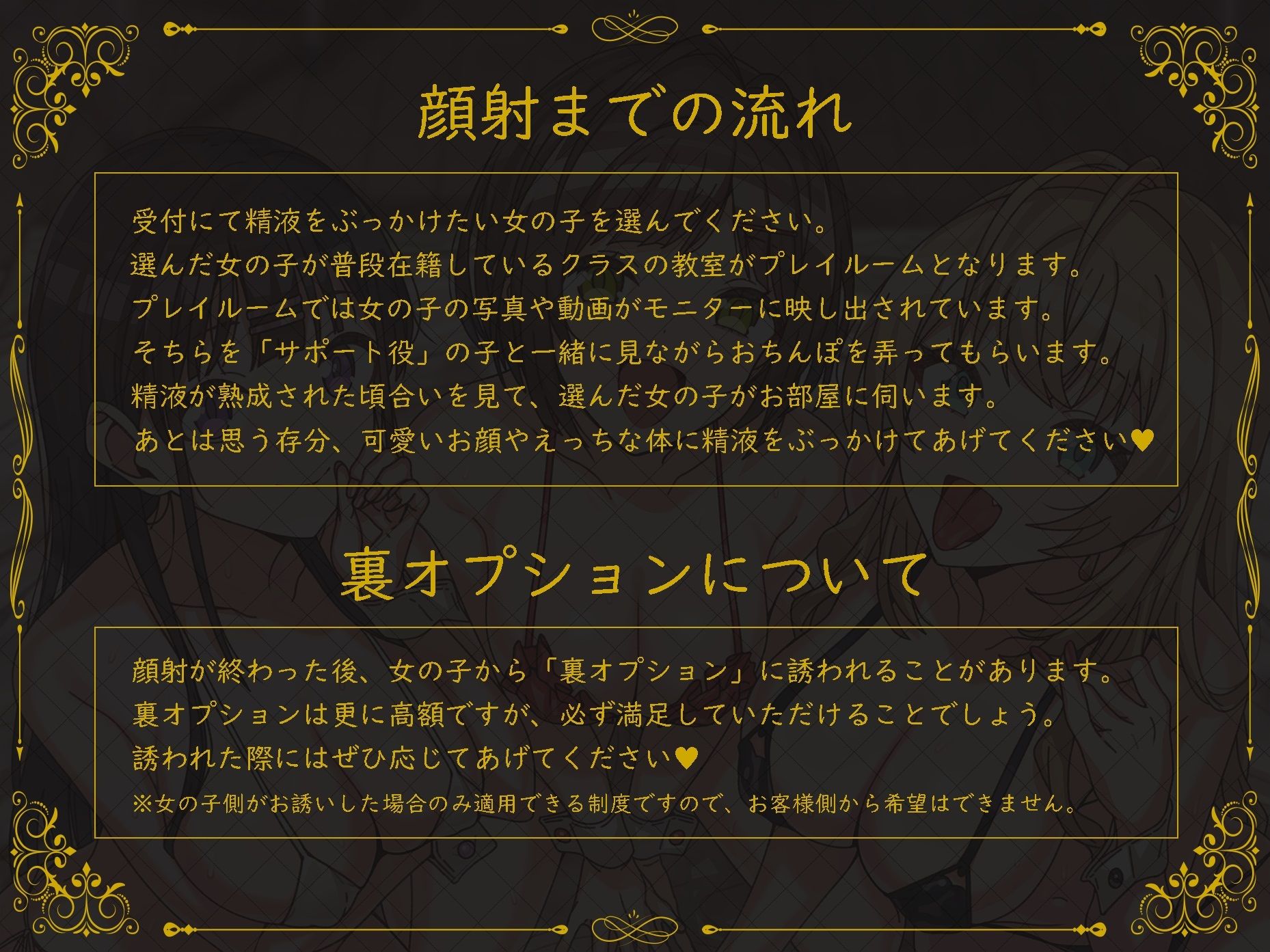 顔射祭 〜精液ぶっかけ学園風俗で美少女JKに顔射＆種付けし放題♪〜