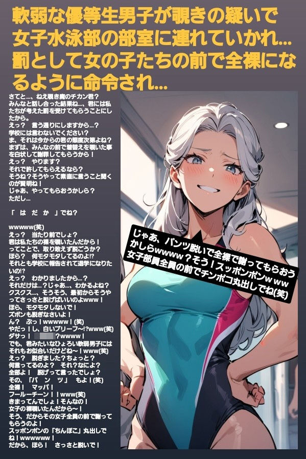 サンプル画像1:エム男向けCFNMボイス  恥ずかしい短小包茎いじめ  女子水泳部編？第1話  覗きの疑いで捕まった軟弱男子が、強い女の子達にパンツを脱がされて恥ずかしい赤ちゃんチンポを虐められるお話…(CFNM女学園) [d_607588]