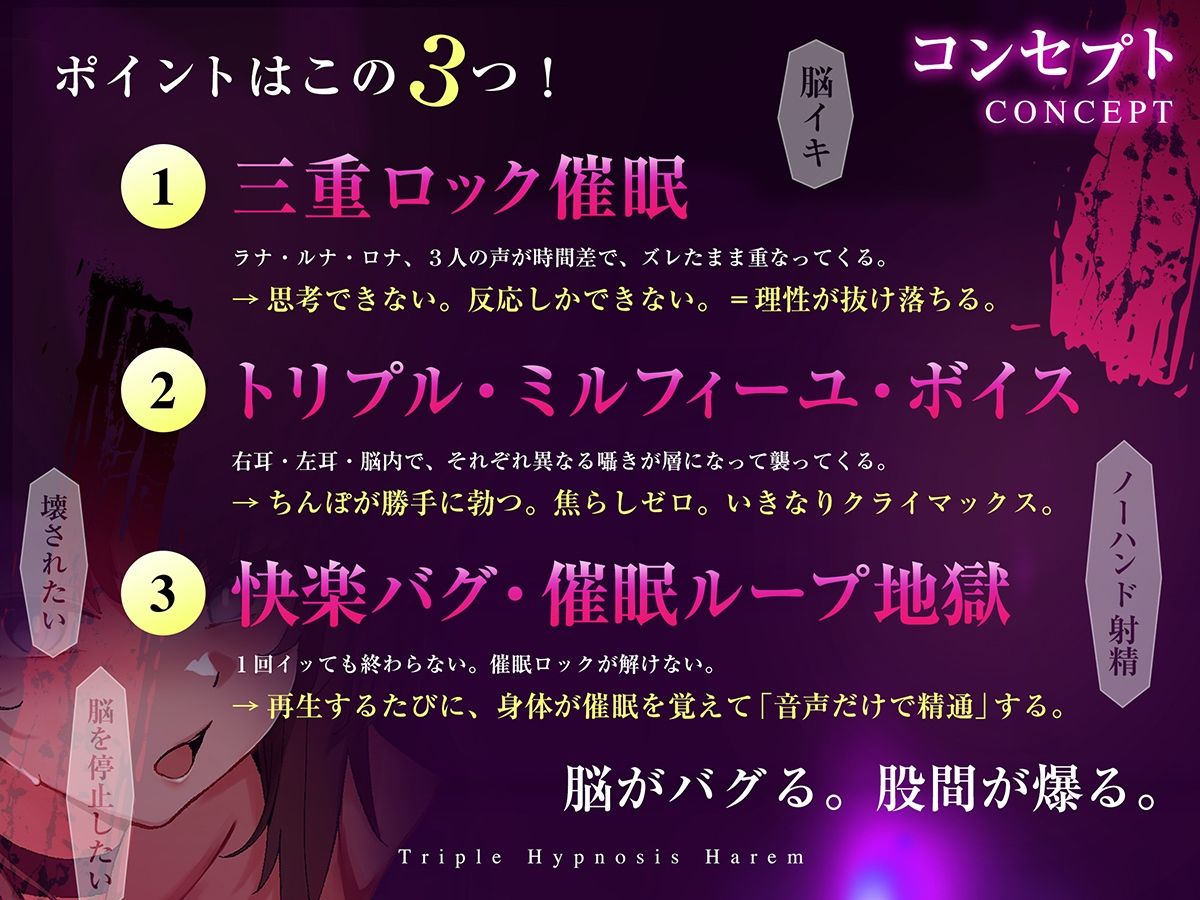 サンプル画像3:【3重脳イキ】トリプル催●ハーレム〜囁きに支配され腰の奥が痙攣する「絶対快楽」三重奏〜(空心菜館) [d_657573]