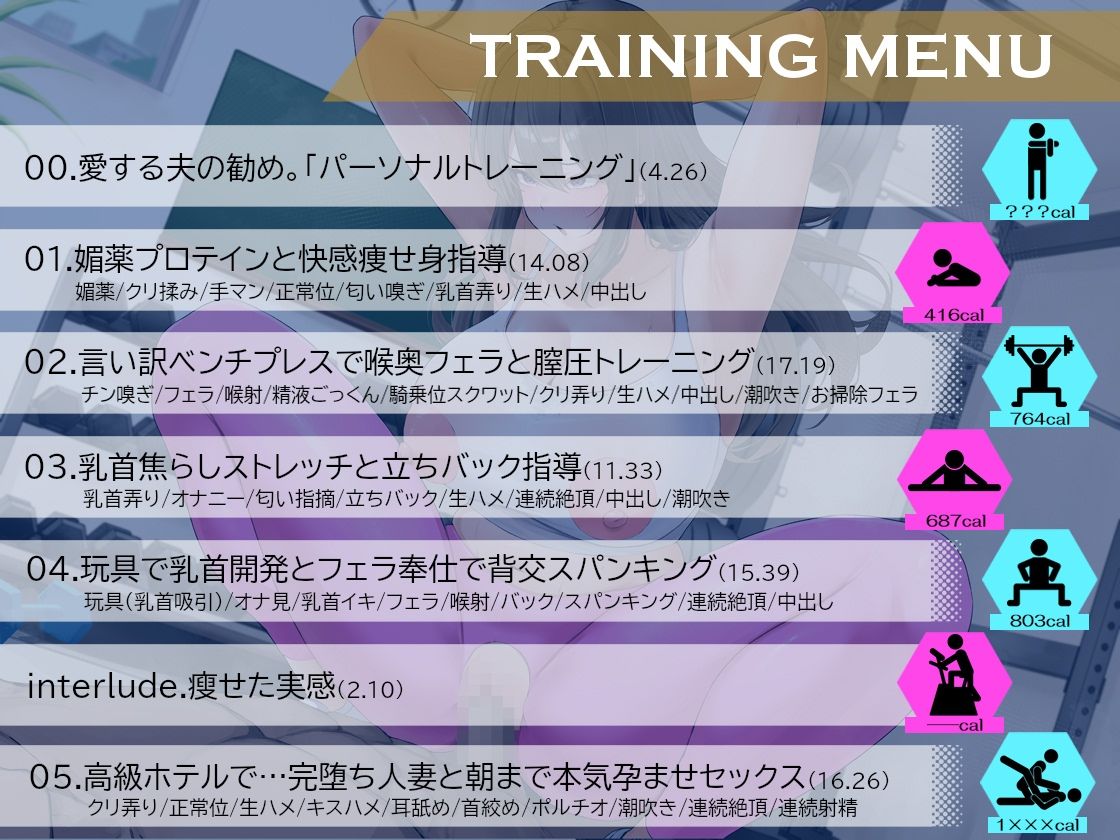 サンプル画像3:【全トラック挿入有】NTRパーソナルトレーニング〜汗とザーメンで痩せた90日間。他人棒に堕ちた美人妻〜(三色だんご屋) [d_665121]