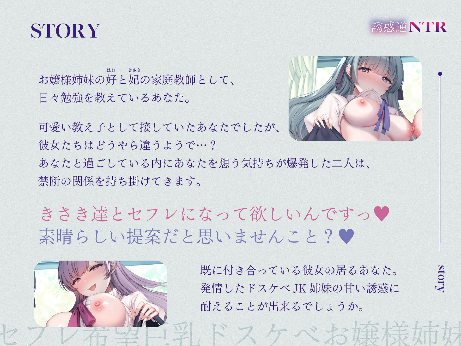 サンプル画像3:【処女作記念110円/ハート目発情差分付き】セフレ希望巨乳ドスケベお嬢様姉妹のねっとりじわじわ誘惑逆NTR 〜彼女を裏切り年頃メスオナホ×2と背徳孕ませ交尾〜(ぺろみみカルト) [d_668236]