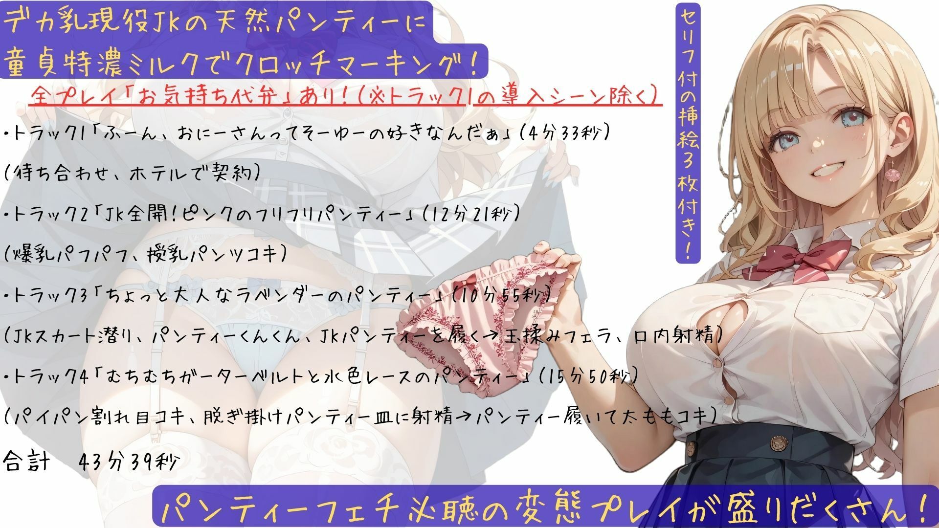 サンプル画像1:デカ乳現役JKの天然パンティーに童貞特濃ミルクでクロッチマーキング！(しゅきしゅきぴゅっぴゅの里) [d_689790]