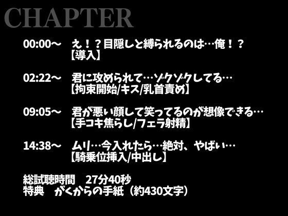 「目隠し拘束プレイがしたい！」彼女の願望に付き合った大人彼氏、まさかのM開花…！？騎乗位喘ぎまくりえっち！（CV:がく×シナリオ:悠希） サンプル2