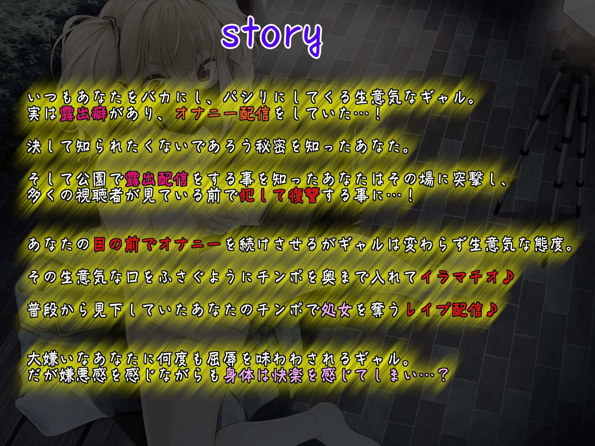 【KU100】いつもバカにしてくるクラスメイトのギャルが公園で露出オナニー配信していたので弱みを握って犯して復讐〜変態痴女のメス○キギャルはレ●プ配信で快楽絶頂〜 画像1