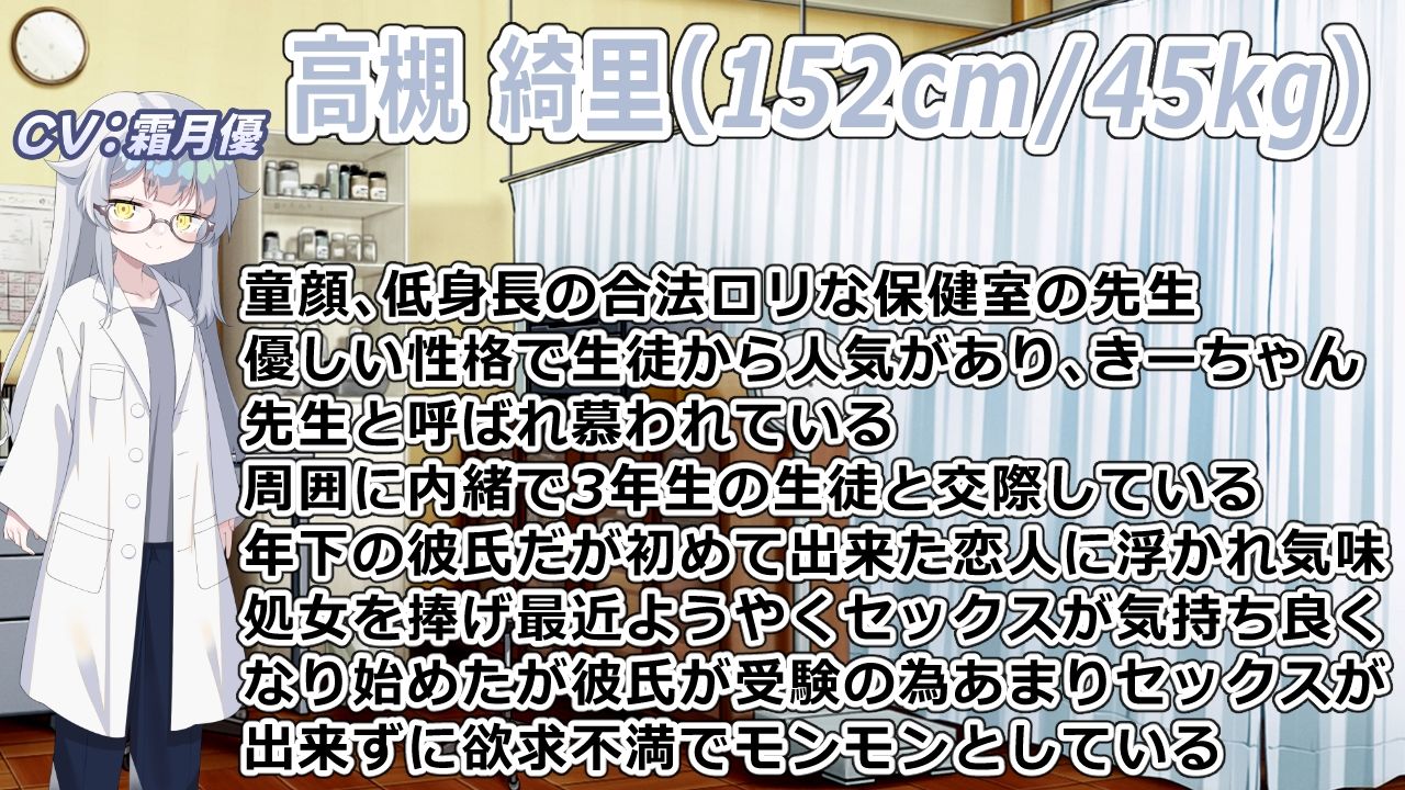 （CV:霜月優）生徒と内緒で付き合っている養護教諭は保健室で彼氏とイチャついてるところを見た教頭先生に寝取られる 画像2