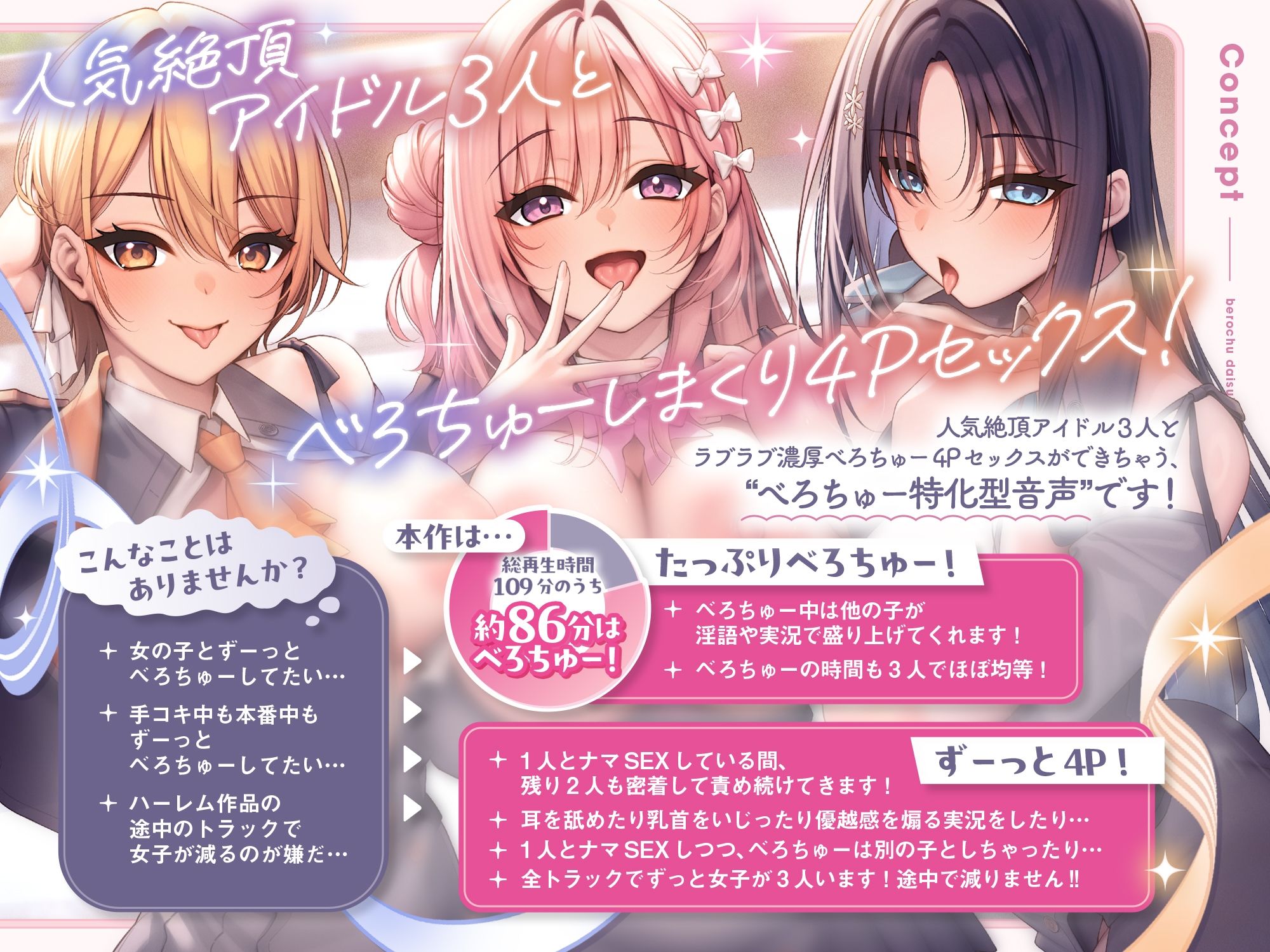 べろちゅー大好きアイドル3人と優越感MAXハーレム4P-かわるがわる濃厚ラブラブべろちゅー＆優越感ムクムク実況＆好きな子を選んで密着4PべろちゅーナマSEX-【キス特化】 画像1
