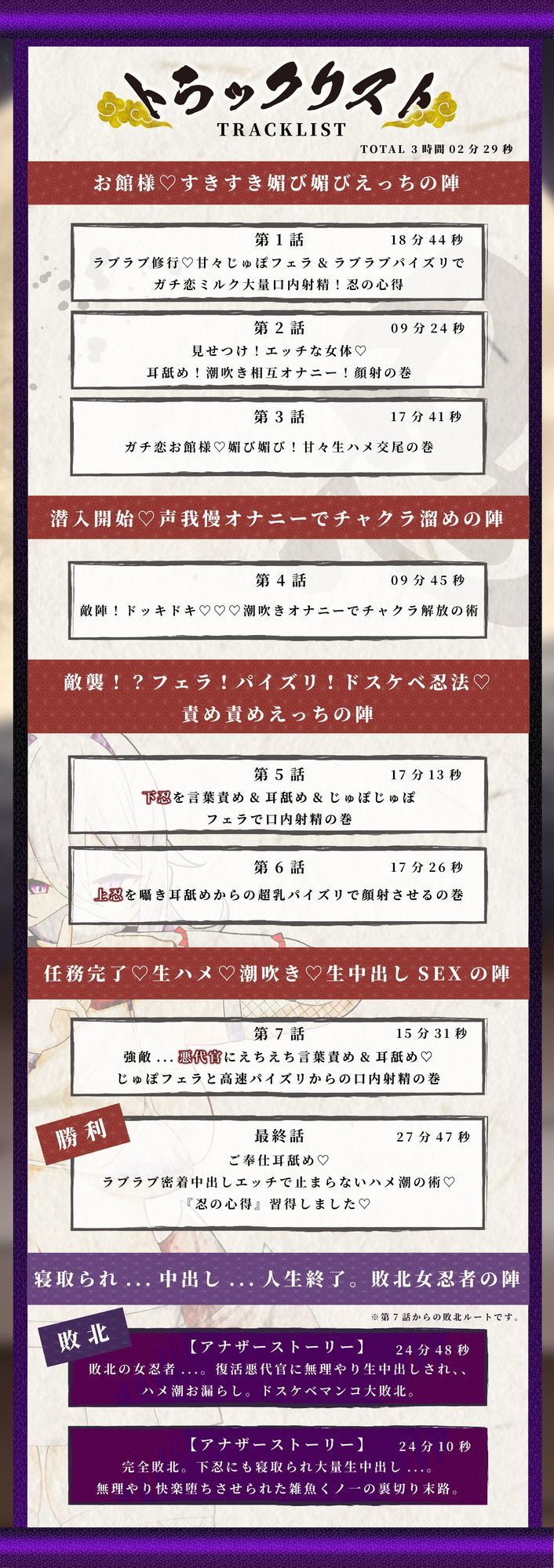 【KU100】【3時間OVER】【NTR×ハメ潮×孕ませ】〜爆乳くノ一ガチ恋の巻〜「くノ一 VS 下忍・上忍・悪代官」おちんぽ媚び媚びの術【CV分倍河原シホ】 画像5