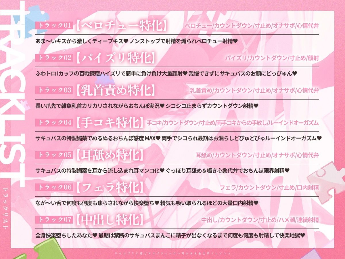【3時間over×全パート射精】サキュバスと過ごすマゾウィーク〜月火水木金土日ドレイン〜ベロチュー×耳舐め×乳首責め×手コキ×パイズリ×フェラ×中出し【CV彩夢ひな】